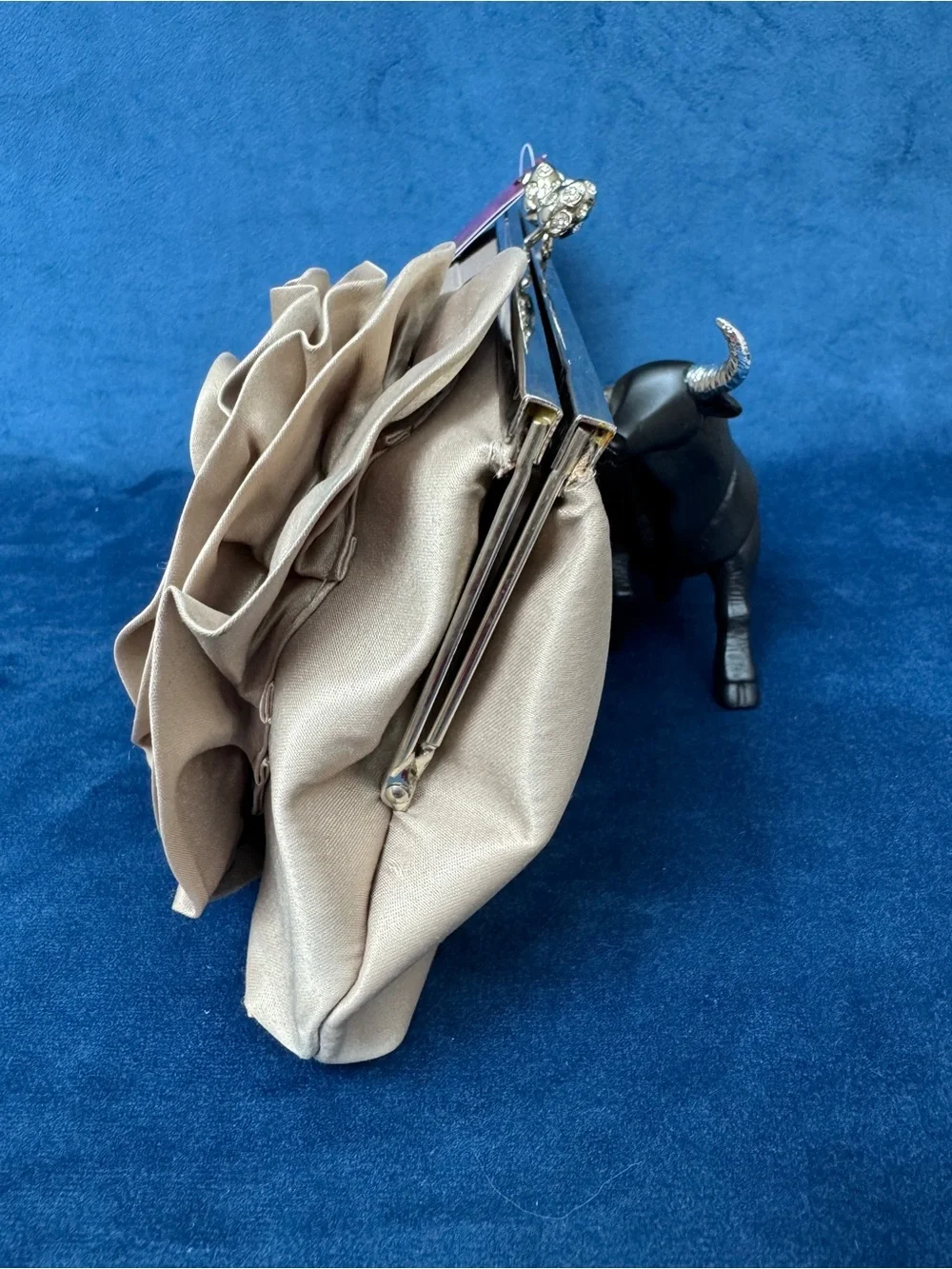 Lulu Townsend Taupe Satin Rose Frame Clutch